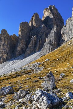 The western summit of the Three Peaks in the evening light, view from the south side, Dolomites, South Tyrol, Italy