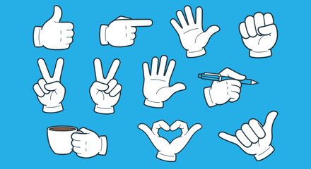 Fototapeta premium Set of cartoon white gloved hands showing various gestures and signs isolated on blue background.
