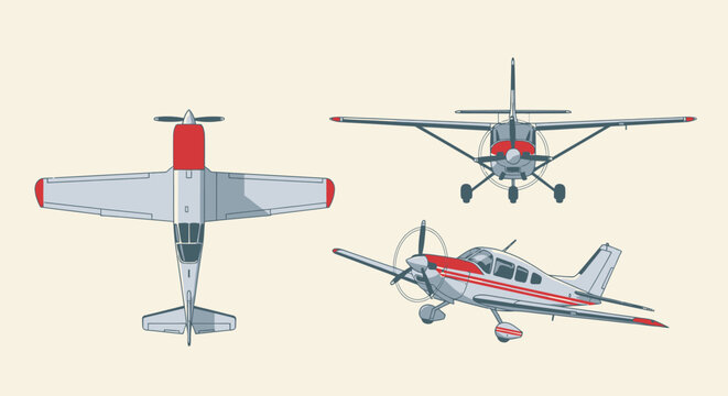 Technical illustration of a small private light aircraft with three different view angles.