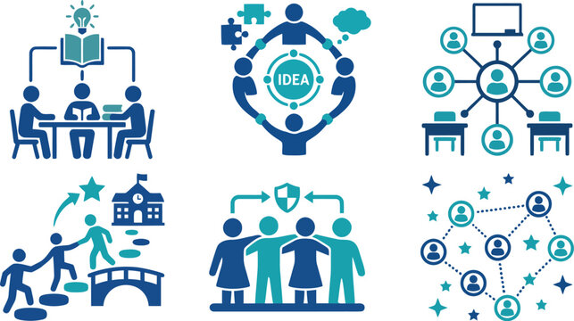 Educational infographic icon set showing collaborative learning student teamwork and peer support networks