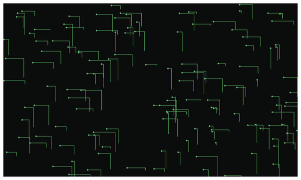 Minimalist generative art with scattered green lines and dots connecting in right angles on dark void.