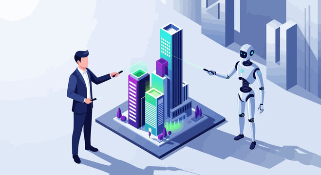 Artificial intelligence ai robot human analyzing city development