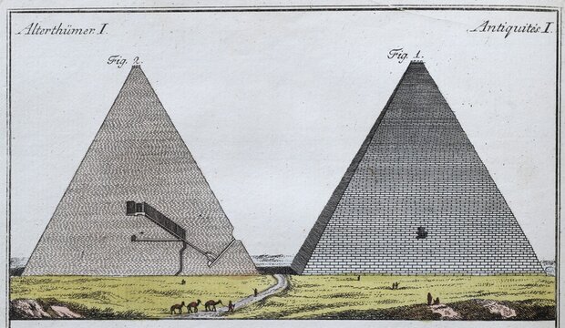 Egyptian pyramids, the seven wonders of the world, hand-coloured copperplate engraving from Friedrich Justin Bertuch's picture book for children, 1801From Friedrich Justin Bertuch's picture book for children, Vienna 1801