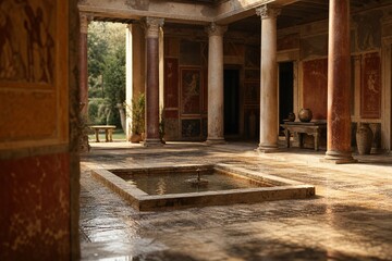 Naklejka premium Sunlight streams into an ancient Roman atrium, illuminating a square impluvium pool.
