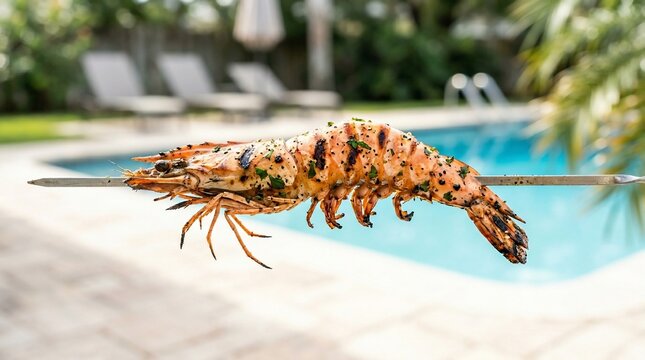 Grilled jumbo shrimp skewer outdoors by a swimming pool for summer BBQ.
