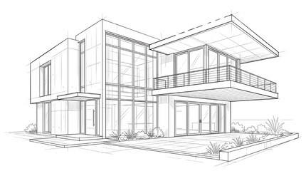 Modern residential house architectural line drawing CAD sketch of contemporary luxury home exterior design featuring glass windows © SD Creation