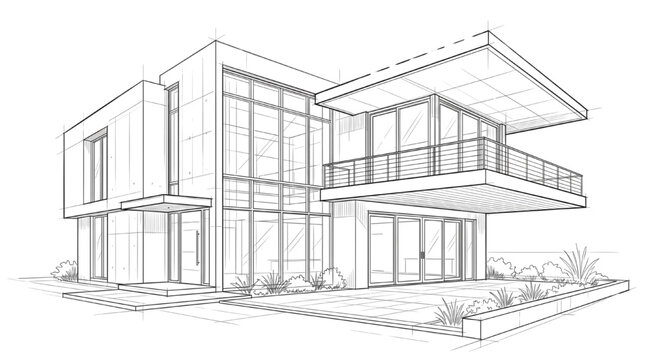 Modern residential house architectural line drawing CAD sketch of contemporary luxury home exterior design featuring glass windows