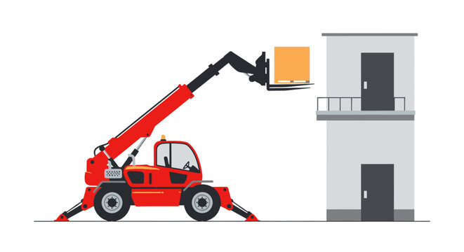 Red Telehandler Lifting Wooden Cargo Crate to Building Second Floor, Heavy Construction Machinery Illustration