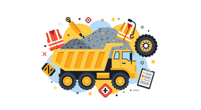 Yellow Dump Truck and Construction Equipment Illustration - Industrial Mining and Heavy Machinery Flat Vector Concept