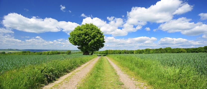 Large solitaires Oak (Quercus) on the field path through green fields, spring, blue sky with cumulus clouds, near Jena, Thuringia, Germany