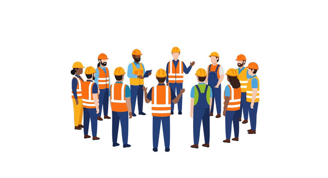Construction Team Safety Briefing Vector Illustration - Industrial Workers Meeting in High-Visibility Vests and Hard Hats for Toolbox Talk Concept