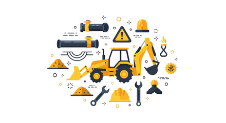 Fototapeta premium Yellow Backhoe Loader and Construction Icons Vector Illustration for Civil Engineering, Utility Repair, and Infrastructure Development Projects