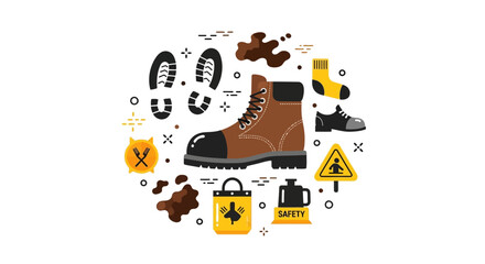 Fototapeta premium Industrial Safety Footwear and Work Boots Icon Set with Steel Toe Protection, Footprints, and Warning Signs for Occupational Health and Safety