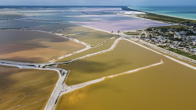 Aerial of the colourful salinas of Las Coloradas, Yucatan, Mexico