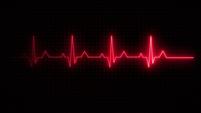 A glowing heartbeat line black background with glowing electrocardiogram pulse monitor displaying vital signs, dynamic cardiology concept featuring neon red and cyan health technology See Less