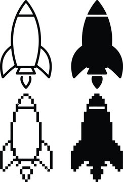 Modern and retro pixelated rocket ship icons representing startup launch success and space exploration travel
