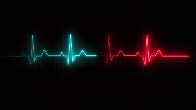 A glowing heartbeat line black background with glowing electrocardiogram pulse monitor displaying vital signs, dynamic cardiology concept featuring neon red and cyan health technology See Less