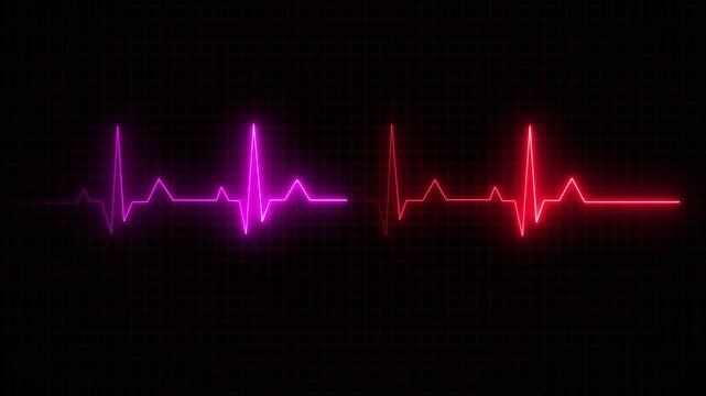 A glowing heartbeat line black background with glowing electrocardiogram pulse monitor displaying vital signs, dynamic cardiology concept featuring neon red and cyan health technology See Less