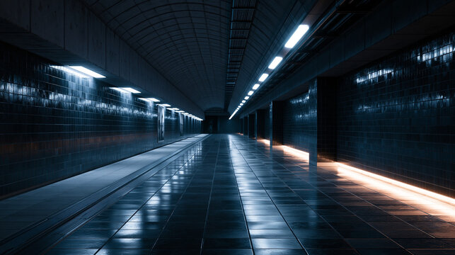 Empty Modern Subway Station Platform at Night