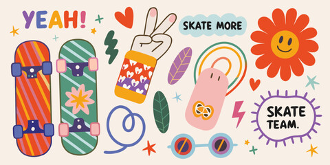 Skateboards Flowers And Hand Gestures Vector Illustration With Retro Styling © krishna