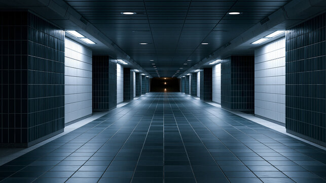 Empty Underground Pedestrian Subway Tunnel with Blue Lighting