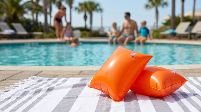 Blank orange inflatable swim armbands mockup on a striped towel by the pool