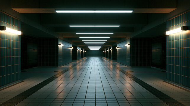 Empty Underground Subway Corridor at Night