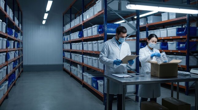 Laboratory workers checking medical shipment in temperature controlled storage room. Concept of pharma logistics, vaccine handling, cold chain, healthcare distribution.