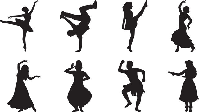 Black silhouette icons of diverse dancers including ballet hip hop flamenco and traditional cultural dance styles