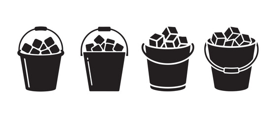 Set of black bucket icons filled with ice cubes in a minimalist flat design style on white background. © Safali