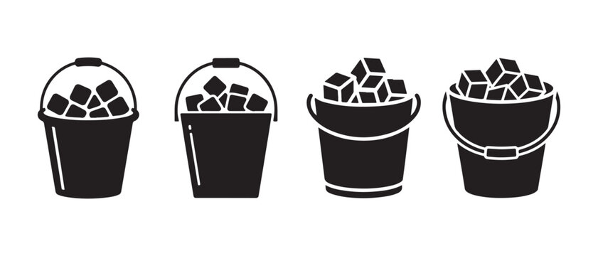 Set of black bucket icons filled with ice cubes in a minimalist flat design style on white background.