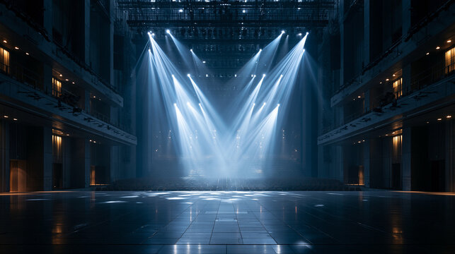 Empty Stage in a Grand Concert Hall with Bright Spotlight Beams