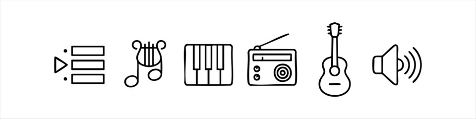 Collection of hand-drawn music icons featuring a playlist, lyre, piano keys, vintage radio, acoustic guitar, and speaker. Minimalist black and white line art for creative design projects. © temastadnyk