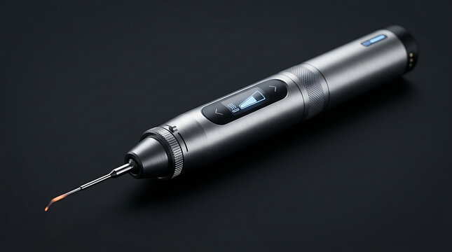  Sophisticated handheld dental tool for root canal therapy with a digital screen and integrated controls designed for accurate endodontic obturation and precise temperature management in surgery.
