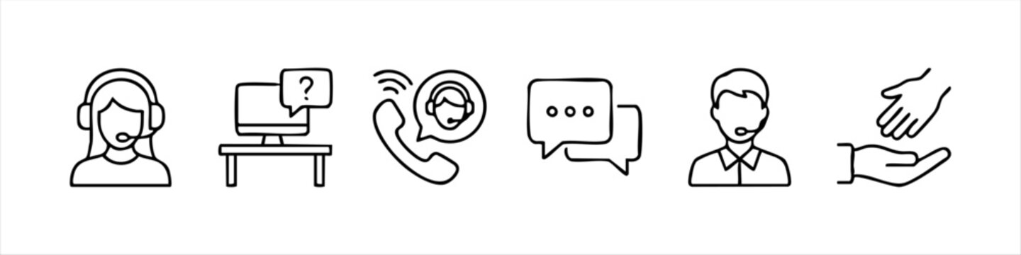 Professional set of hand-drawn customer service icons. Includes call center agents, technical support, phone contact, chat bubbles, and helping hands in a minimalist linear style.