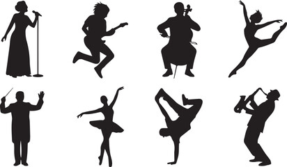 Performing Arts Silhouette Set Featuring Musician Singer Dancer Ballet and Orchestra Conductor Icons on White Background © MstHosneara