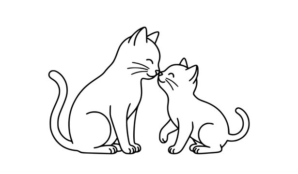 Minimalist mother cat and baby kitten booping noses coloring page vector