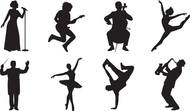 Performing Arts Silhouette Set Featuring Musician Singer Dancer Ballet and Orchestra Conductor Icons on White Background