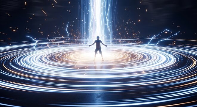 Abstract digital art of glowing energy vortex spiral.