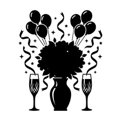 Silhouette celebration bouquet with champagne glasses and festive balloons © uuu