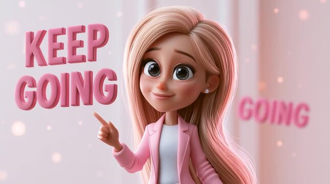 3D cartoon motivational speaker talking calmly while pointing at floating text &ldquo;KEEP GOING&rdquo;. Soft emotional lighting creates an inspiring animation concept focused on motivation, confidence and growth
