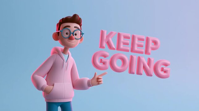 3D cartoon motivational speaker talking calmly while pointing at floating text &ldquo;KEEP GOING&rdquo;. Soft emotional lighting creates an inspiring animation concept focused on motivation, confidence and growth