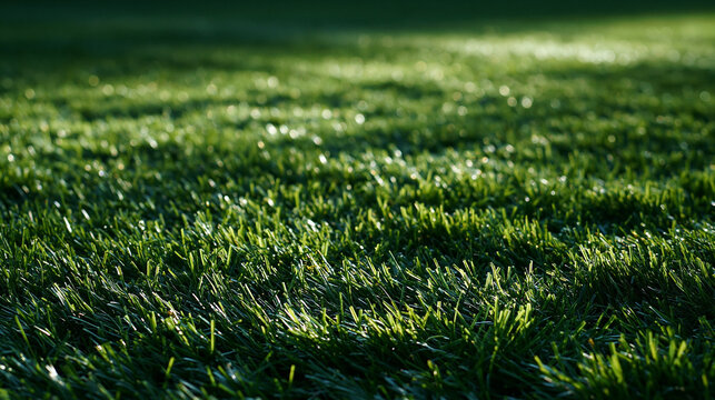 Close-up of Green Grass Field with Soft Sunlight Bokeh