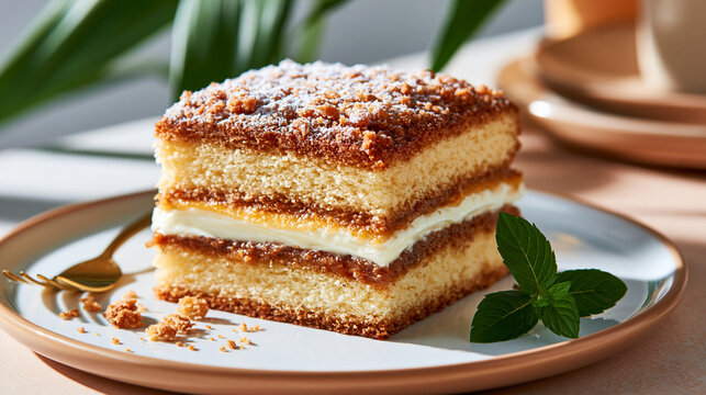 Square Slice of Delicious Crumble Coffee Cake with Cream Filling