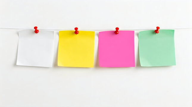 Four colorful blank sticky notes pinned on a string with red push pins isolated on white background.
