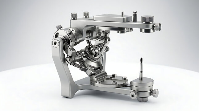  Complete stainless steel dental articulator used in laboratory settings to replicate patient jaw bite and occlusal relationships for designing dentures and restorative crowns with high accuracy.
