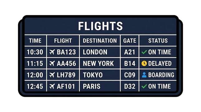 Digital flight departure board with flight statuses.