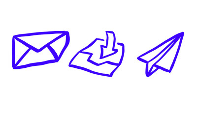 Fototapeta premium Hand drawn blue outline icons of an envelope an inbox tray and a paper airplane with envelope airplane download communication creative illustration business correspondence transport isolated