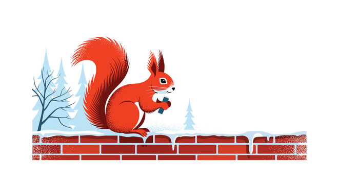 A curious red squirrel sits on a snowy red brick ledge, holding a small blue item, with bare winter trees in the background.