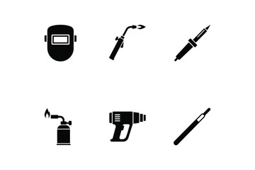 Fototapeta premium Black and White Silhouette Design Set of Welding Tools featuring Welding Mask Torch Soldering Iron Gas Torch Heat Gun and Welding Rod